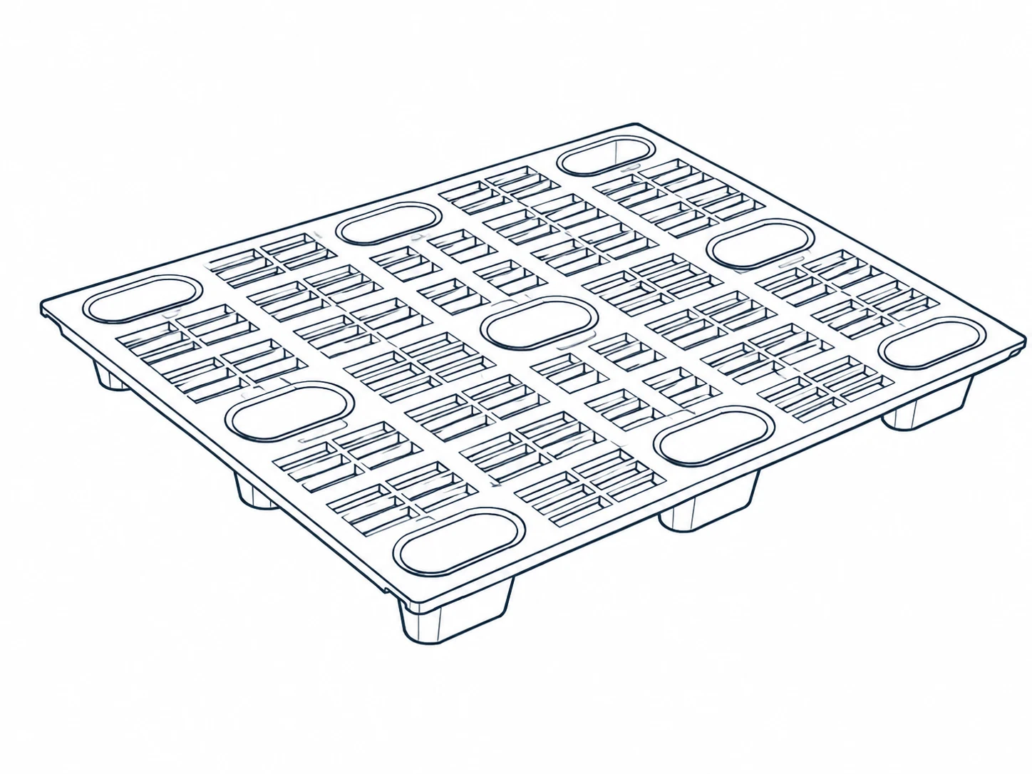 Line illustration of the supplied black plastic pallet, showing deck openings and visible feet