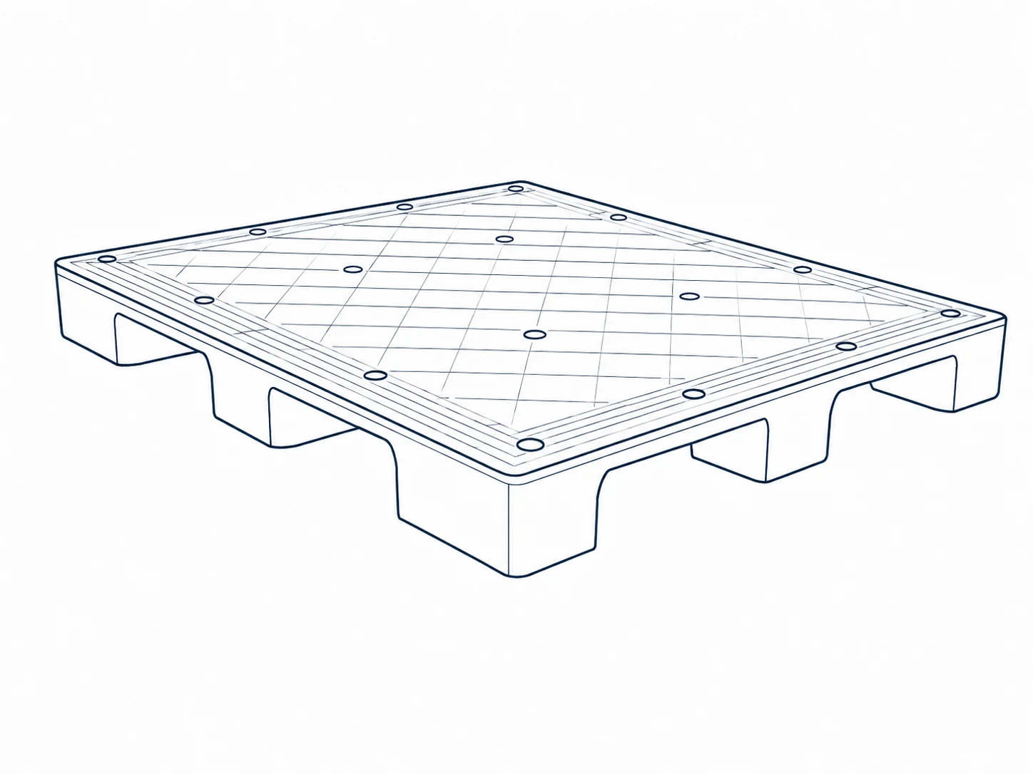 Line illustration of the supplied blue flat-deck plastic pallet with individual support feet