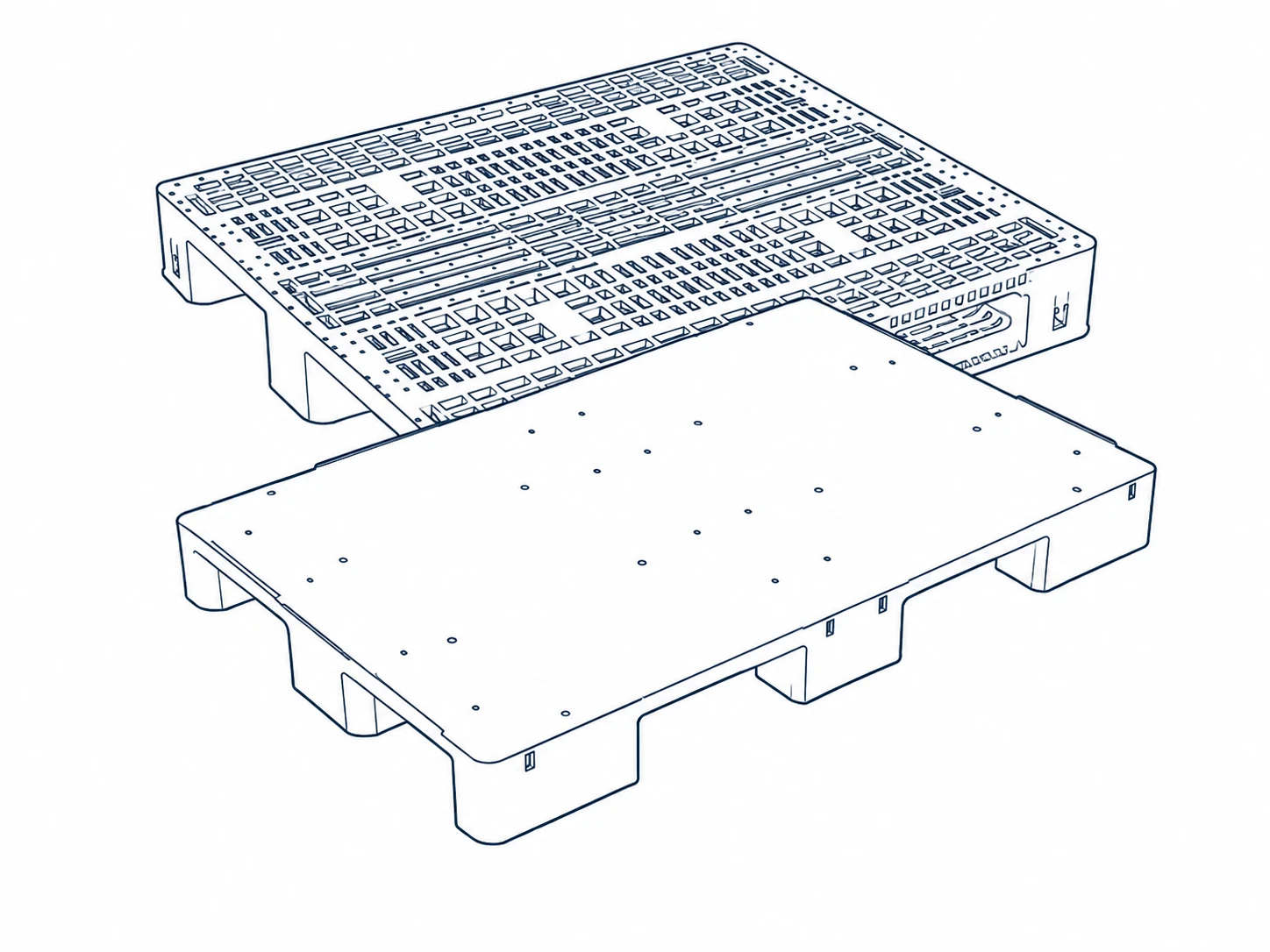 Reference line illustration of a grey open-grid pallet behind a flat-deck pallet